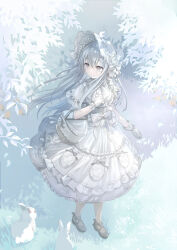  1girl absurdres basket bib_collar bonnet bow bowtie closed_mouth commentary_request corset double-parted_bangs dress dress_bow frilled_dress frilled_sleeves frills full_body glove_bow gloves grass grey_corset grey_eyes grey_hair grey_shoes hair_between_eyes highres holding holding_basket lolita_fashion long_hair original rabbit shoes short_sleeves smile solo tree white_bonnet white_bow white_bowtie white_dress white_gloves yaminabe_(szhal14) 