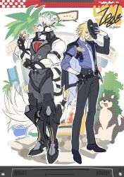  2boys absurdres animal_ears arm_out_of_sleeve bicep_strap black_gloves black_hat black_pants black_shoes blonde_hair body_fur closed_mouth collared_vest colored_tips furry furry_male gloves gold_ring grey_eyes grey_vest hair_between_eyes half_gloves hat heterochromia highres holding holding_pocket_watch hugo_vlad jewelry lapel_pin long_hair male_focus multicolored_hair multiple_boys multiple_rings muzzle_(mask) necktie palm_tree pants pkgllllllv pocket_watch pointy_ears prosthesis prosthetic_leg purple_shirt red_eyes ring shirt shoes single_glove single_half_glove standing tail tail_belt tree vest von_lycaon watch white_fur wolf_boy wolf_ears wolf_tail zenless_zone_zero 