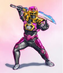  1boy armor armored_bodysuit black_bodysuit bodysuit character_mask chou_uchuu_keiji_gavan_infinity combat_helmet commentary full_body gauntlets gavan_raiya gavarion_blade helmet highres holding holding_sword holding_weapon huujyu mask ninja pauldrons purple_armor purple_helmet shoulder_armor sword weapon 