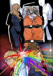  1boy 1girl alien beard blonde_hair brown_hair casual chocytd commentary_request eva_stratt facial_hair galaxy highres korean_commentary messy_hair project_hail_mary rocky_(project_hail_mary) ryland_grace stubble 