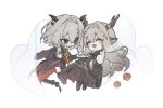  2girls :d akn_nu alina_(arknights) animal_ears antlers apple arknights black_dress black_jacket black_neckerchief black_shirt black_shorts blush chibi deer_antlers deer_ears deer_girl dragon_girl dragon_horns dragon_tail dress epaulettes food fruit grey_eyes hair_between_eyes hair_intakes highres holding_hands horns jacket jacket_on_shoulders long_hair medium_hair multiple_girls neckerchief open_mouth shirt shorts simple_background single_epaulette smile tail talulah_(arknights) talulah_the_fighter_(arknights) two-sided_fabric two-sided_jacket very_long_hair white_background yuri 