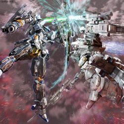  absurdres armored_core armored_core_vi:_fires_of_rubicon battle fighting glowing glowing_eyes gun handgun highres holding holding_gun holding_weapon loader-0015 loader_4 mecha mecha_focus missile_pod no_humans one-eyed red_eyes reverse-jointed_legs robot science_fiction shoulder_cannon steel_haze_ortus thrusters vs weapon wrist_blades 