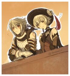  .hack// .hack//g.u. 1boy 1girl bare_shoulders black_gloves black_hat black_sleeves bluesky_username blush breasts brown_background closed_mouth commentary_request crossed_arms detached_sleeves elbow_rest facial_mark forhmb111 frilled_sleeves frills gauntlets gloves grey_eyes grey_hair grin hair_between_eyes hand_up haseo_(.hack//) hat hat_tassel highres holding_another's_arm index_fingers_raised long_sleeves looking_at_viewer marking_on_cheek outline red_eyes shino_(.hack//) shirt short_hair shoulder_tattoo sketch small_breasts smile tattoo teardrop_facial_mark white_outline white_shirt 