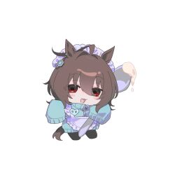  1girl agnes_tachyon_(umamusume) ahoge animal_ears apron blue_jacket brown_hair chemical_structure chibi chibi_only collared_jacket cream ear_ornament earrings highres holding_utensil horse_ears horse_girl horse_tail jacket jersey_maid jewelry maid name_tag open_mouth oversized_object oversized_spoon short_hair simple_background single_earring sleeves_past_fingers sleeves_past_wrists smile solo tail umamusume umano0x0 unconventional_maid waist_apron white_apron white_background 
