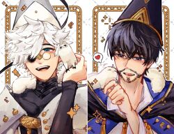  2boys animal_on_hand animal_on_shoulder beard black_cape black_hair blue_eyes blush brushbuddy cape cloak eyepatch facial_hair glasses hair_over_one_eye hat heart long_sleeves looking_at_another male_focus multiple_boys mustache myuminji olruggio_(tongari_boushi_no_atelier) one_eye_covered open_mouth qifrey_(tongari_boushi_no_atelier) round_eyewear shirt short_hair smile spoken_heart star_(symbol) tongari_boushi_no_atelier upper_body white_background white_hair wizard_hat 