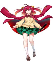  1girl alternate_costume bell bow bowtie brown_shoes cardigan checkered_clothes checkered_skirt closed_mouth dark_persona full_body game_cg gradient_hair green_skirt hair_bell hair_ornament highres holding holding_scroll jacket jacket_on_shoulders jingle_bell loafers long_sleeves looking_at_viewer motoori_kosuzu motoori_kosuzu_(possessed) motoori_kosuzu_(ultra-bibliophile_with_a_deciphering_eye) multicolored_hair official_art possessed red_bow red_bowtie red_eyes red_hair red_jacket rotte_(1109) school_uniform scroll shirt shoes skirt smile socks solo third-party_source touhou touhou_lostword transparent_background white_shirt white_socks yellow_cardigan 