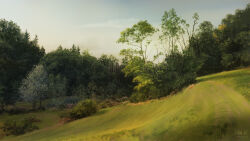  absurdres bush commentary day english_commentary field forest grey_sky highres hill landscape nature no_humans original outdoors painterly philipp_urlich scenery signature sky sunlight tree web_address 