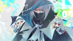  1boy 3girls aki'z arknights ascot black_hat character_name chibi chibi_inset covered_mouth english_commentary gladiia_(arknights) grey_ascot grey_hair happy_birthday hat high_collar highres long_hair looking_at_viewer mask mouth_mask multiple_girls ninja_mask red_eyes skadi_(arknights) specter_(arknights) specter_the_unchained_(arknights) tricorne ulpianus_(arknights) 