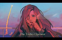  1girl blood cigarette english_text eva_stratt fleet highres holding holding_cigarette long_hair project_hail_mary rocket_ship sharlsholic smoking solo space_shuttle spacecraft spacecraft_turret 