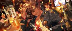  1boy alcohol black_jacket brown_hair champagne cigarette collarbone confetti cup drinking_glass hair_between_eyes highres holding holding_cigarette holding_cup indoors jacket lagoon_(yumekuro) long_sleeves looking_at_viewer male_focus mature_male multiple_boys non-web_source one_eye_closed open_clothes open_jacket red_shirt scar scar_on_face shirt short_hair smile smoke solo_focus sweat tear_troughs upper_body watch watch yume_shokuin_to_wasureji_no_kuroi_yousei 