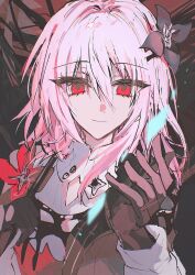  1girl alternate_form black_background black_dress black_flower black_gloves closed_mouth clothing_cutout commentary_request cropped_torso dress empty_eyes evernight_(honkai:_star_rail) eyelashes flower flower_ornament gloves hair_between_eyes hair_flower hair_ornament hairclip hands_up highres holding holding_umbrella honkai:_star_rail honkai_(series) kinona lapels long_hair long_sleeves looking_at_viewer low_twintails magic march_7th_(honkai:_star_rail) pink_hair puffy_long_sleeves puffy_sleeves red_eyes red_flower sidelocks simple_background smile solo turtleneck turtleneck_dress twintails two-tone_dress umbrella upper_body white_dress 