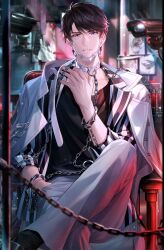  1boy belt black_hair black_shirt black_socks blurry chain chair collar collarbone crossed_legs cuffs doctor grey_eyes hand_in_pocket hand_up handcuffs highres jacket jacket_on_shoulders jewelry li_zeyan looking_at_viewer love_and_producer male_focus mask mask_pull mouth_mask non-web_source o-ring official_art pants parted_lips shirt short_hair sitting socks solo white_jacket white_pants 