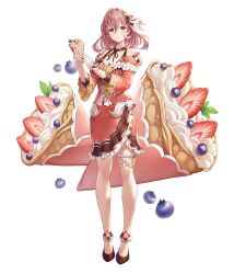  1girl artist_request blueberry bracelet brown_ribbon brown_shirt brown_shoes brown_skirt chocolate commentary_request crepe dessert english_commentary food food-themed_clothes food-themed_hair_ornament fruit full_body gloves hair_ornament hair_ribbon half_gloves halterneck high_heels highres holding holding_crepe holding_food jewelry king's_raid korean_commentary medium_hair medium_skirt mixed-language_commentary multicolored_shirt multicolored_skirt official_alternate_costume official_art petticoat pink_hair pink_shirt pink_skirt ribbon second-party_source shirt shoes simple_background skirt sliced_fruit smile solo strawberry thigh_strap whipped_cream white_background white_gloves white_ribbon white_shirt wide_sleeves yellow_eyes yuria_(king's_raid) 