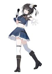  1girl :d aoi_erika aoi_erika_(brilliant_ultimate_idol) asymmetrical_sleeves black_boots black_hair black_ribbon blue_shirt blue_skirt blush boots breasts commentary cropped_shirt eyelashes frilled_skirt frills full_body gloves green_eyes hair_between_eyes hair_ribbon hand_up happy heaven_burns_red highres idol idol_clothes large_breasts looking_at_viewer medium_hair midriff miniskirt mismatched_sleeves nujii official_alternate_costume open_mouth outstretched_arm outstretched_hand pleated_skirt ribbon shirt short_sleeves simple_background skirt smile solo standing teeth thigh-highs thigh_strap upper_teeth_only white_background white_gloves white_thighhighs zettai_ryouiki 
