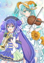  2girls ahoge aqua_eyes aqua_hair aqua_nails black_gloves blush bow bow_(music) brown_hat commentary_request cowboy_shot double-parted_bangs dress fingerless_gloves fingernails flower gloves hair_between_eyes hat hat_bow hat_flower hat_ornament hatsune_miku highres holding holding_bow_(music) holding_instrument holding_trumpet holding_violin instrument leaf_hat_ornament long_hair looking_at_viewer magical_mirai_(vocaloid) magical_mirai_miku magical_mirai_miku_(2026) multiple_girls musical_note_ornament nail_polish open_mouth otomachi_una puchipuchi_(nisepuchi) shirt sleeveless sleeveless_dress solo sunflower trumpet twintails very_long_hair violin vocaloid white_bow white_dress white_gloves white_shirt yellow_eyes yellow_flower 
