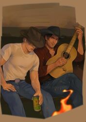  2boys beard_stubble beer_can belt blonde_hair brown_hair burning can collared_shirt cowboy_hat crossed_legs drink_can embers facial_hair fire gn0czi guitar hat highres holding holding_can holding_guitar holding_instrument instrument leon_s._kennedy looking_at_another luis_sera male_focus multiple_boys muscular muscular_male music playing_guitar playing_instrument red_shirt resident_evil resident_evil_4 shirt short_hair sitting stubble t-shirt white_shirt 