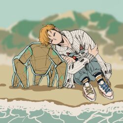  1boy beach beard beard_stubble blonde_hair casual commentary english_commentary facial_hair lying_on_person messy_hair project_hail_mary rocky_(project_hail_mary) ryland_grace stubble tnaym 