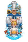  2boys aged_down ascot beard black_eyes blonde_hair blue_ascot braid braided_beard chef chef_hat child clouds cloudy_sky commentary_request crossed_arms curly_eyebrows facial_hair fish food hair_over_one_eye hat highres holding holding_food lilithartv long_mustache looking_at_viewer male_focus multiple_boys mustache one_eye_covered one_piece open_mouth outdoors red-leg_zeff sanji_(one_piece) short_hair sky smile spanish_commentary teeth uniform v-shaped_eyebrows 