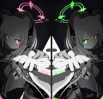  2girls 4ba_nana absurdres animal_ear_headphones animal_ears black_skirt black_thighhighs blood blood_splatter blue_archive bow cat_ears cat_tail closed_mouth death_momoi_(meme) dual_wielding expressionless fake_animal_ears foreshortening frilled_skirt frills glowing glowing_eyes green_eyes green_halo grey_hair greyscale hair_bow halo headphones highres holding holding_knife hood hood_down hooded_jacket jacket knife looking_at_viewer meme midori_(blue_archive) miniskirt momoi_(blue_archive) monochrome multiple_girls parted_bangs pink_eyes pink_halo pleated_skirt shirt siblings sidelocks signature sisters skirt tail thigh-highs twins upper_body white_jacket white_shirt 