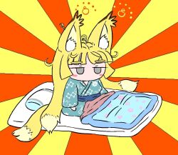  1girl animal_ears blonde_hair blush_stickers chibi colorful commentary_request expressionless fox_ears fox_girl fox_tail from_side full_body futon japanese_clothes kimono long_hair looking_at_viewer messy_hair morning no_mouth original owariharumaki solo sunburst sunburst_background tail waking_up yukata 