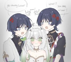  1girl 2boys :t aged_up aichiroo alternate_hairstyle annoyed arm_at_side arms_at_sides bare_shoulders black_bodysuit black_hair black_sleeves blue_cape blue_kimono blue_sleeves blunt_ends bodysuit boy_sandwich braid cape choppy_bangs closed_mouth collarbone cosplay cross-shaped_pupils detached_sleeves dress dual_persona eyelashes eyeliner genshin_impact gold gold_trim green_eyes green_hair green_pupils hair_down hair_ornament half_crown_braid height_difference highres japanese_clothes jealous jewelry jitome juban kimono layered_sleeves leaf leaf_hair_ornament looking_at_another looking_at_viewer makeup mitsudomoe_(shape) multicolored_hair multiple_boys nahida_(genshin_impact) neck_ring open_clothes open_kimono open_mouth pointy_ears possessive pout purple_rope red_eyeliner rope rukkhadevata_(genshin_impact) rukkhadevata_(genshin_impact)_(cosplay) sandwiched scaramouche_(cat)_(genshin_impact) scaramouche_(genshin_impact) shimenawa short_sleeves shoulder_peek side_cape sidelocks streaked_hair symbol-shaped_pupils tareme tassel tearing_up tears tomoe_(symbol) turtleneck turtleneck_bodysuit violet_eyes wanderer_(genshin_impact) white_background white_dress white_hair white_kimono white_rope white_sleeves 