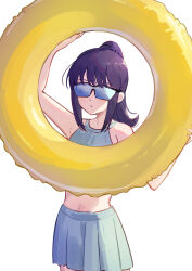  1girl absurdres bare_shoulders black_hair cho_kaguya-hime! commentary_request cowboy_shot facing_viewer glasses highres holding holding_swim_ring long_hair marumai midriff navel opaque_glasses parted_lips sakayori_iroha sidelighting solo sunglasses swim_ring swimsuit swimsuit_skirt white_background 
