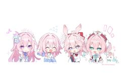  4girls animal_ears aqua_eyes aqua_hair chibi chibi_only cyrene_(demiurge)_(honkai:_star_rail) cyrene_(honkai:_star_rail) diamond-shaped_pupils diamond_(shape) dress drill_hair evanescia_(honkai:_star_rail) flower fox_ears fox_girl hair_flower hair_ornament hat highres honkai:_star_rail honkai_(series) hyacine_(honkai:_star_rail) little_ica_(honkai:_star_rail) long_hair march_7th_(honkai:_star_rail) march_7th_(preservation)_(honkai:_star_rail) multicolored_hair multiple_girls pegasus pink_hair red_hat shirt smile symbol-shaped_pupils twin_drills twintails two-tone_hair uwasewau very_long_hair violet_eyes white_dress white_hair white_shirt 