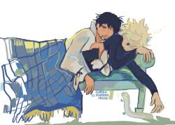  2boys artist_name bandaid bandaid_on_face bandaid_on_nose black_hair black_shirt blanket blonde_hair closed_eyes closed_mouth couch facial_hair highres long_sleeves lying male_focus messy_hair multiple_boys olruggio_(tongari_boushi_no_atelier) on_side pillow qifrey_(tongari_boushi_no_atelier) shirt short_hair simple_background sleeping snake tongari_boushi_no_atelier white_background white_hair 