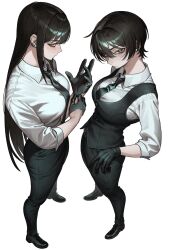  2girls adjusting_clothes adjusting_gloves black_gloves black_hair black_necktie black_pants black_shoes black_vest breasts bright_pupils closed_mouth collared_shirt commentary_request dress_shirt dress_shoes ear_piercing earclip from_above from_side gloves green_eyes hair_between_eyes half_gloves highres kakashi_(ka_kshi) large_breasts light_blush long_hair looking_at_viewer mole mole_under_mouth multiple_girls necktie original pants perspective piercing shirt shoes short_hair sideways_glance simple_background sleeves_rolled_up standing suit_pants tie_clip very_long_hair vest white_background white_pupils white_shirt yellow_eyes 