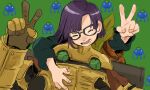  1girl book chrono_trigger closed_mouth copyright_name cup glasses kebe6p lucca_ashtear nu_(chrono_trigger) paper pencil purple_hair robo_(chrono_trigger) robot short_hair sitting smile table writing 