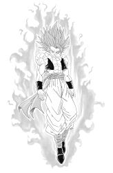  1boy absurdres aura bandages dragon_ball dragon_ball_super full_body gogeta greyscale halftone highres male_focus medium_hair metamoran_vest monochrome muscular muscular_male pants roub3d sash simple_background solo spiky_hair standing super_saiyan super_saiyan_god white_background wristband 