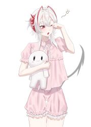  1girl ahoge alternate_costume antenna_hair antennae arknights breasts commentary_request demon_girl demon_horns demon_tail feet_out_of_frame finger_to_eye grey_hair highres holding holding_toy horns looking_to_the_side magnum_0000 medium_hair nail_polish one_eye_closed parted_lips pink_shirt pink_shorts red_eyes red_horns red_nails shirt short_sleeves shorts sidelocks simple_background sleepwear small_breasts solo standing tail teeth toy upper_teeth_only w_(arknights) white_background 