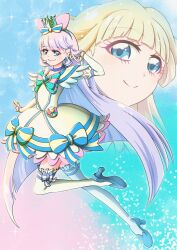  1girl absurdres animal_ear_hairband animal_ears aqua_background aqua_bow arm_up arm_warmers bare_shoulders blonde_hair blue_background blue_bow blue_choker blue_crown blue_eyes blue_shoes blunt_bangs blunt_ends blush bow bow_choker bow_hairband bright_pupils brooch cat_ear_hairband cat_ears chest_bow choker closed_mouth collarbone colorful_background commentary crown crown_earrings cure_nyammy curled_fingers doraemon12012 dress dress_bow dual_persona earrings fake_animal_ears frilled_arm_warmers frilled_dress frilled_thighhighs frills full_body gradient_background hairband heart heart_brooch high_heels highres jewelry knee_up leg_up long_hair looking_at_viewer magical_girl mini_crown multicolored_bow multiple_views nekoyashiki_yuki off-shoulder_dress off_shoulder pact_holder parted_lips pink_background pouch precure shoes smile sparkle_background straight_hair striped_bow thigh-highs three-toned_background tilted_headwear very_long_hair white_arm_warmers white_dress white_thighhighs wonderful_precure! yellow_pupils zettai_ryouiki 