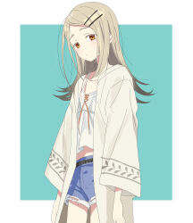  1girl absurdres aqua_background aru_(purepur8) blonde_hair border camisole collarbone colored_eyelashes commentary cutoffs denim denim_shorts flipped_hair gakuen_idolmaster grey_hair hair_ornament hairclip hairpin highres idolmaster long_hair looking_at_viewer midriff multiple_hairpins orange_eyes outside_border parallel_hairclips robe shinosawa_hiro short_shorts shorts simple_background solo thighs white_border white_camisole white_robe 