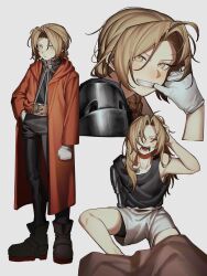  1boy automail blonde_hair braid braided_ponytail coat dyga2tu4 edward_elric fullmetal_alchemist highres male_focus mechanical_arms prosthesis prosthetic_arm red_coat single_mechanical_arm 