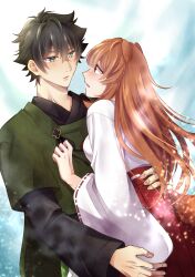  1boy 1girl abstract_background absurdres black_hair black_kimono blue_background blush breasts brown_hair commentary commission english_commentary eye_contact green_eyes green_shirt hakama hakama_skirt hetero hibi_ki04 highres hug iwatani_naofumi japanese_clothes kimono kosode light_particles long_hair long_sleeves looking_at_another medium_breasts messy_hair official_alternate_costume parted_lips pink_eyes raphtalia red_hakama red_ribbon red_skirt ribbon ribbon-trimmed_sleeves ribbon_trim second-party_source shirt shirt_over_kimono short_hair short_sleeves skirt straight_hair tate_no_yuusha_no_nariagari white_background white_kosode wide_sleeves 