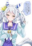  1girl alternate_costume animal_ears blush breasts brown_eyes closed_mouth commentary_request grey_hair hair_between_eyes hair_ornament hishi_miracle_(umamusume) horse_ears horse_girl horse_tail looking_at_viewer medium_breasts medium_hair nodachi_(artist) ribbon school_uniform simple_background solo tail tracen_school_uniform translation_request twintails umamusume white_background 
