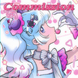  1990s_(style) 1girl azarashiten beamed_eighth_notes bear_hair_ornament blue_dress blue_eyes blue_hair bow character_request cherry commission copyright_request dress faux_retro_artstyle food from_side fruit glove_bow gloves gradient_hair hair_ornament highres holding holding_food holding_fruit long_hair mihuashi_commission multicolored_hair musical_note musical_note_hair_ornament pink_bow portrait retro_artstyle shooting_star_hair_ornament sideways_glance solo star_(symbol) star_hair_ornament striped_bow triangle white_gloves white_hair 