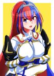  1girl absurdres alear_(female)_(fire_emblem) alear_(fire_emblem) blue_eyes blue_hair crossed_bangs fire_emblem fire_emblem_engage hair_between_eyes heterochromia highres long_hair multicolored_hair open_mouth red_eyes redhead ribbon smile solo split-color_hair tiara to_(tototo_tk) two-tone_hair very_long_hair white_ribbon 