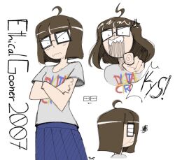  1girl :t ahoge angry annoyed artist_name black-framed_eyewear blue_skirt blunt_bangs blunt_ends blush bob_cut borrowed_character breasts brown_hair character_name closed_mouth clothes_writing collarbone commentary cropped_torso crossed_arms dot_pupils english_commentary ethicalgooner2007 expressive_hair fingerprint from_side frown glasses hatching_(texture) highres light_blush looking_at_viewer loose_hair_strand multiple_views open_mouth original pleated_skirt pointing pointing_at_viewer pout reaching reaching_towards_viewer rectangular_eyewear reference_sheet sharp_teeth shirt short_hair short_sleeves shouting signature simple_background sketch skirt small_breasts solo_focus speech_bubble spoken_squiggle squiggle st4rgaze_mzt t-shirt teeth the_amazing_digital_circus unamused v-shaped_eyes wavy_mouth white_background white_shirt 