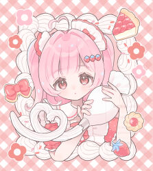  1girl :o ahoge blunt_bangs blush commentary cropped_torso dot_nose food gingham_background hair_intakes heart heart_ahoge holding holding_pastry_bag long_hair open_mouth original pastry_bag pie pie_slice pink_hair poche_(opochepoche) red_eyes solo untranslatable_commentary 