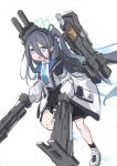 1girl aris_(blue_archive) armored_core armored_core_6 black_hair blue_archive blue_eyes breasts dual_wielding full_body gradient_hair gun hair_between_eyes halo highres holding holding_gun holding_weapon hsj01211 long_hair looking_at_viewer multicolored_hair necktie open_mouth pleated_skirt side_ponytail sketch skirt small_breasts smile solo very_long_hair weapon 