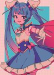  1girl ascot blue_hair blush bow bright_pupils cape cure_sky detached_sleeves fingerless_gloves gloves gradient_hair highres hirogaru_sky!_precure long_hair magical_girl menma_(enaic31) multicolored_hair open_mouth pink_bow pink_skirt precure reaching reaching_towards_viewer red_cape shirt skirt solo sora_harewataru thigh-highs twintails white_ascot white_pupils white_shirt white_thighhighs 