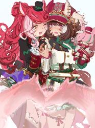  2girls animal_ears black_gloves black_jacket blush bow breasts brown_hair commentary creature_and_personification ear_covers ears_through_headwear facial_mark gloves hair_between_eyes hand_puppet hat heart heart_facial_mark heart_on_cheek highres horse horse_ears horse_girl jacket long_hair long_sleeves loves_only_you_(9927_wishes)_(umamusume) loves_only_you_(racehorse) loves_only_you_(umamusume) marche_lorraine_(racehorse) marche_lorraine_(racing)_(umamusume) marche_lorraine_(umamusume) mini_hat mini_top_hat mismatched_ear_covers multicolored_hair multiple_girls one_eye_closed open_mouth personification puppet red_hair short_hair smile suaviterra teeth top_hat umamusume upper_teeth_only violet_eyes white_jacket yellow_eyes 