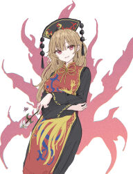  1girl absurdres black_dress black_hat blonde_hair chinese_clothes commentary dalachi_(headdress) dress flower flower_request hat highres holding holding_flower junko_(touhou) kashiwada_kiiho long_hair long_sleeves neck_ribbon open_mouth red_eyes red_tabard ribbon signature solo tabard touhou white_background wide_sleeves yellow_ribbon 