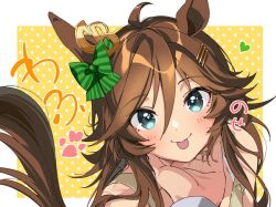  1boy 1girl ahoge animal_ears bare_shoulders blue_eyes blush bow brown_hair closed_mouth commentary_request ear_bow green_bow hair_between_eyes hair_ornament hairclip hand_on_another's_chin heart horse_ears horse_girl horse_tail jewelry long_hair looking_at_viewer mr._c.b._(umamusume) ring smile tail taromarun tongue tongue_out trainer_(umamusume) umamusume wedding_ring 