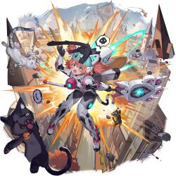  animal_ears bodysuit cat cat_girl cat_tail explosion fang highres kitty_(starward) mechanical_arms mechanical_legs official_alternate_costume official_art red_hair shield short_hair staff starward tail thighs thrusters two_side_up 