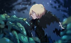  1boy animal armor black_armor black_fur blonde_hair blue_cape blue_eyes breastplate cape dimitri_alexandre_blaiddyd dimitri_alexandre_blaiddyd_(timeskip) elelror fire_emblem fire_emblem:_three_houses frog from_side fur_trim highres leaf looking_at_animal looking_at_another male_focus outdoors parted_bangs plant profile rain solo twitter_username wet wet_clothes wet_hair white_fur 