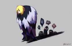  1boy black_boots black_fur blonde_hair blue_cape blue_eyes boots cape colored_speech_bubble commentary dimitri_alexandre_blaiddyd dimitri_alexandre_blaiddyd_(timeskip) double-parted_bangs elelror english_commentary fire_emblem fire_emblem:_three_houses fur-trimmed_cape fur_trim grey_background hair_between_eyes highres hunched_over male_focus medium_hair shadow simple_background solo speech_bubble spoken_squiggle squiggle standing twitter_username white_fur 