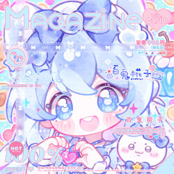  1girl 1other :d animal_ears bai_gui_hua_zi blue_bow blue_bowtie blue_eyes blue_hair blush bow bowtie cat_ears cat_girl chibikemo chiikawa commission deformed dual_persona food gelatin genderswap genderswap_(otf) hachiware_(chiikawa) hair_bow heart heart_hands highres humanization humanoid_and_humanization long_hair looking_at_viewer magical_girl mihuashi_commission portrait smile solo_focus tenshi_kaiwai too_many_watermarks watermark yume_kawaii 